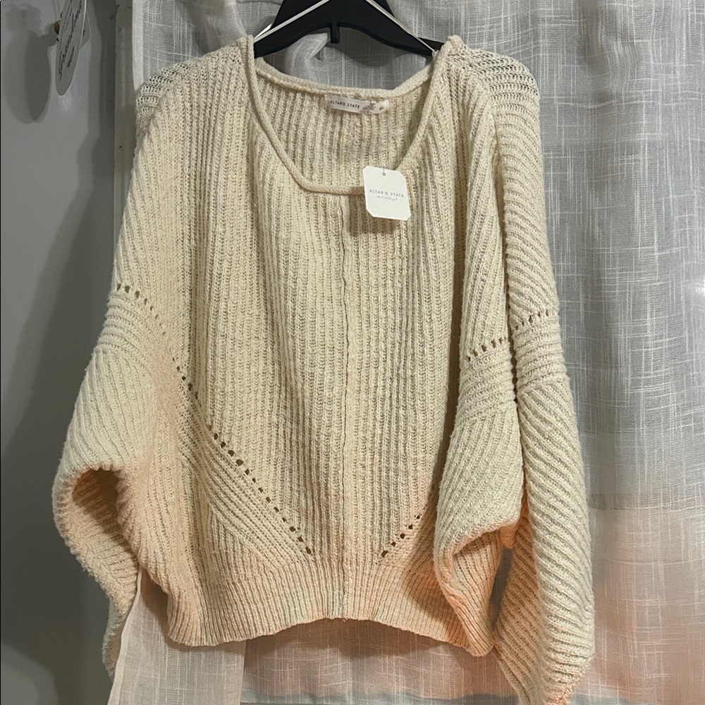 Altar'd State Ivory Open-Stitch Knit Poncho Sweater
